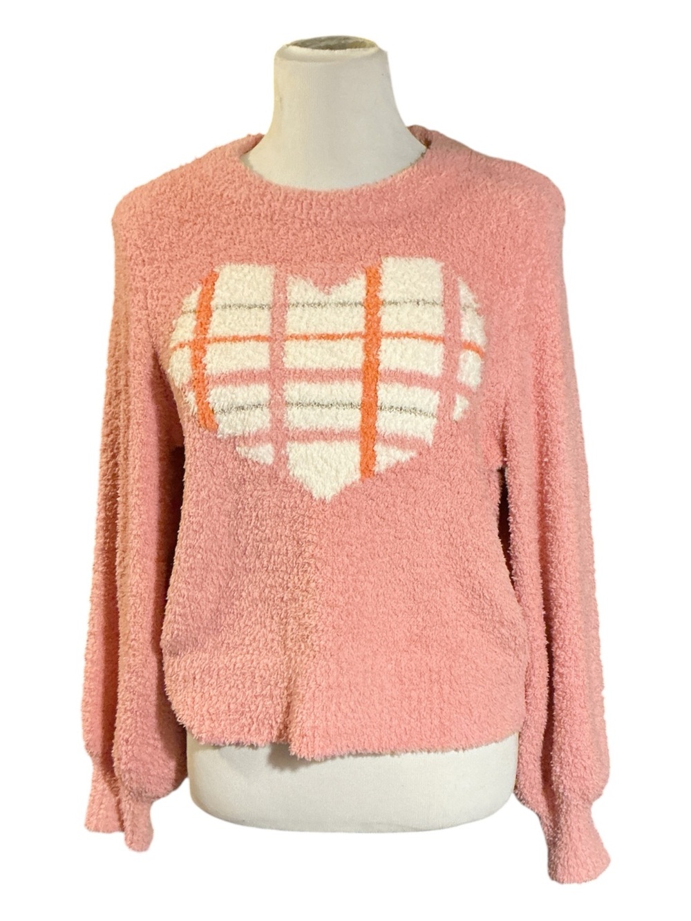 LC Lauren Conrad Pink Plush Crewneck Sweater with Plaid Heart